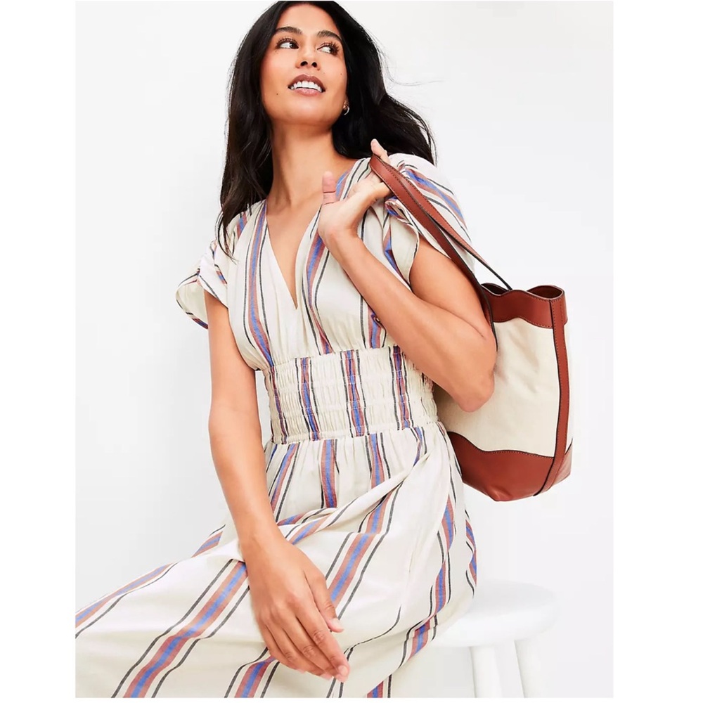 LOFT Beach Women’s Size S Ivory Blue Striped Smocked V-Neck Midi Dress Pockets - Picture 15 of 15